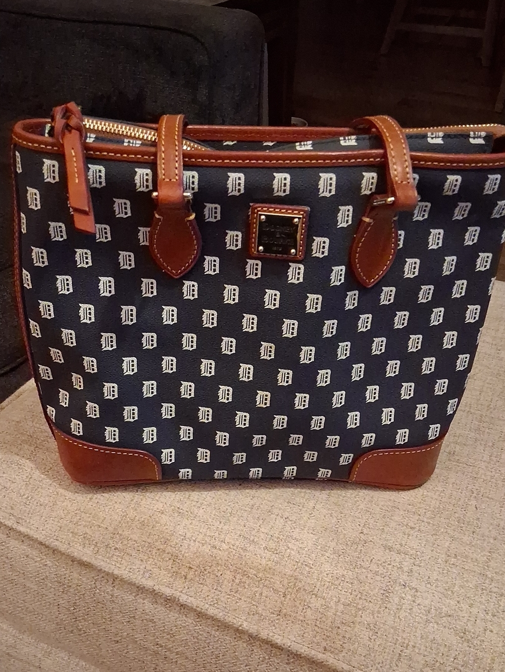 Dooney & Bourke Navy/White Monogram Tote with Brown Leather Trim
